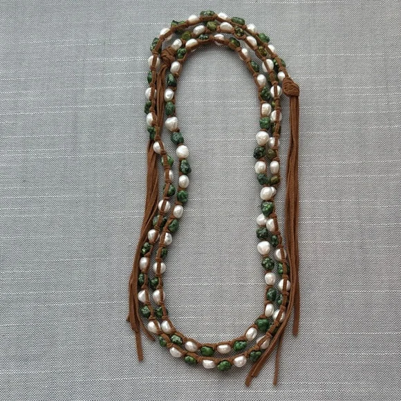 Handcrafted Green Turquoise and Freshwater Pearl Necklace knotted with Suede